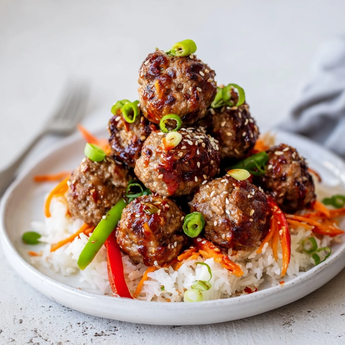 Steaming Hello Fresh Firecracker Meatballs, juicy and spicy, perfect weeknight dinner plate