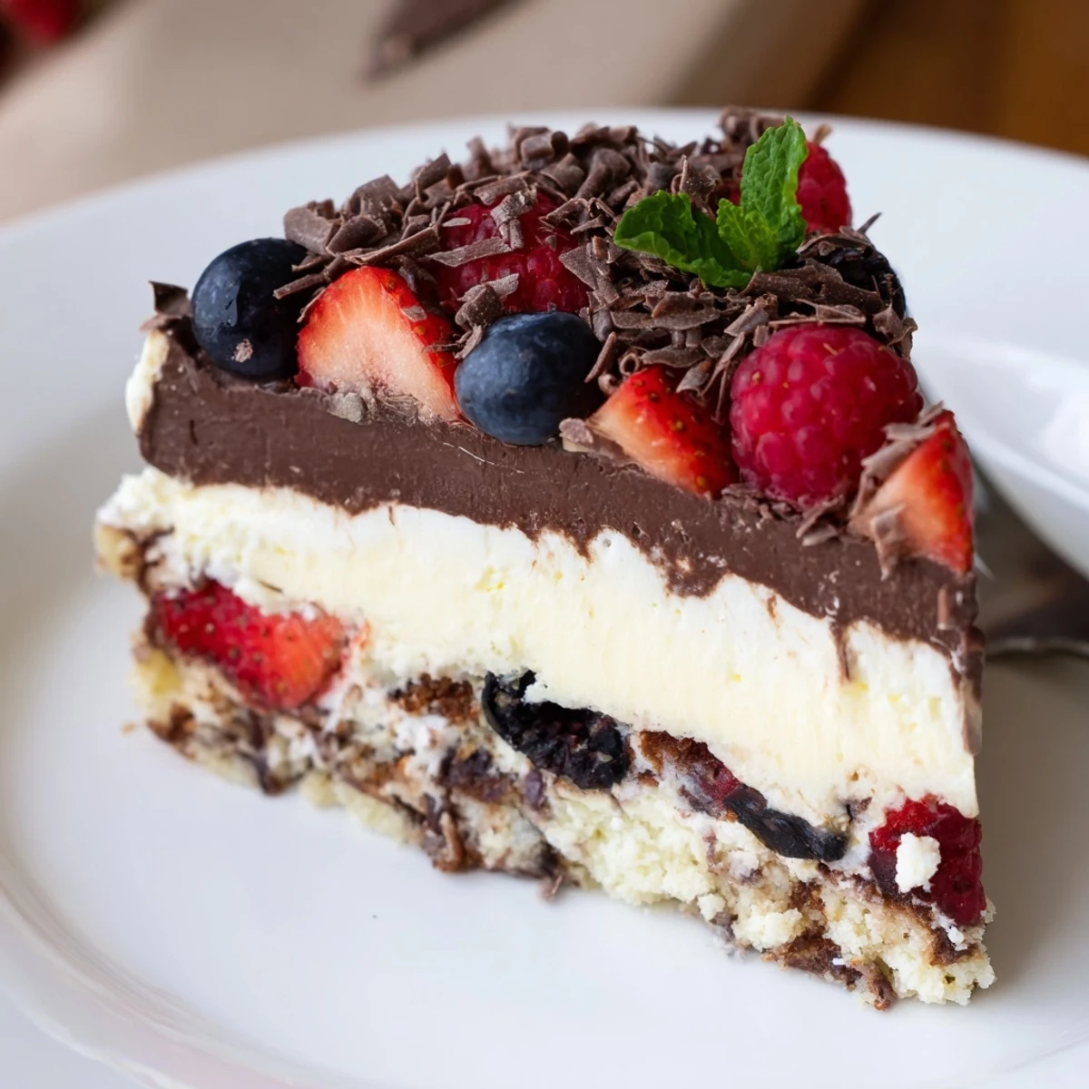The Ultimate Dessert Recipe topped with glossy chocolate ganache and fresh berries