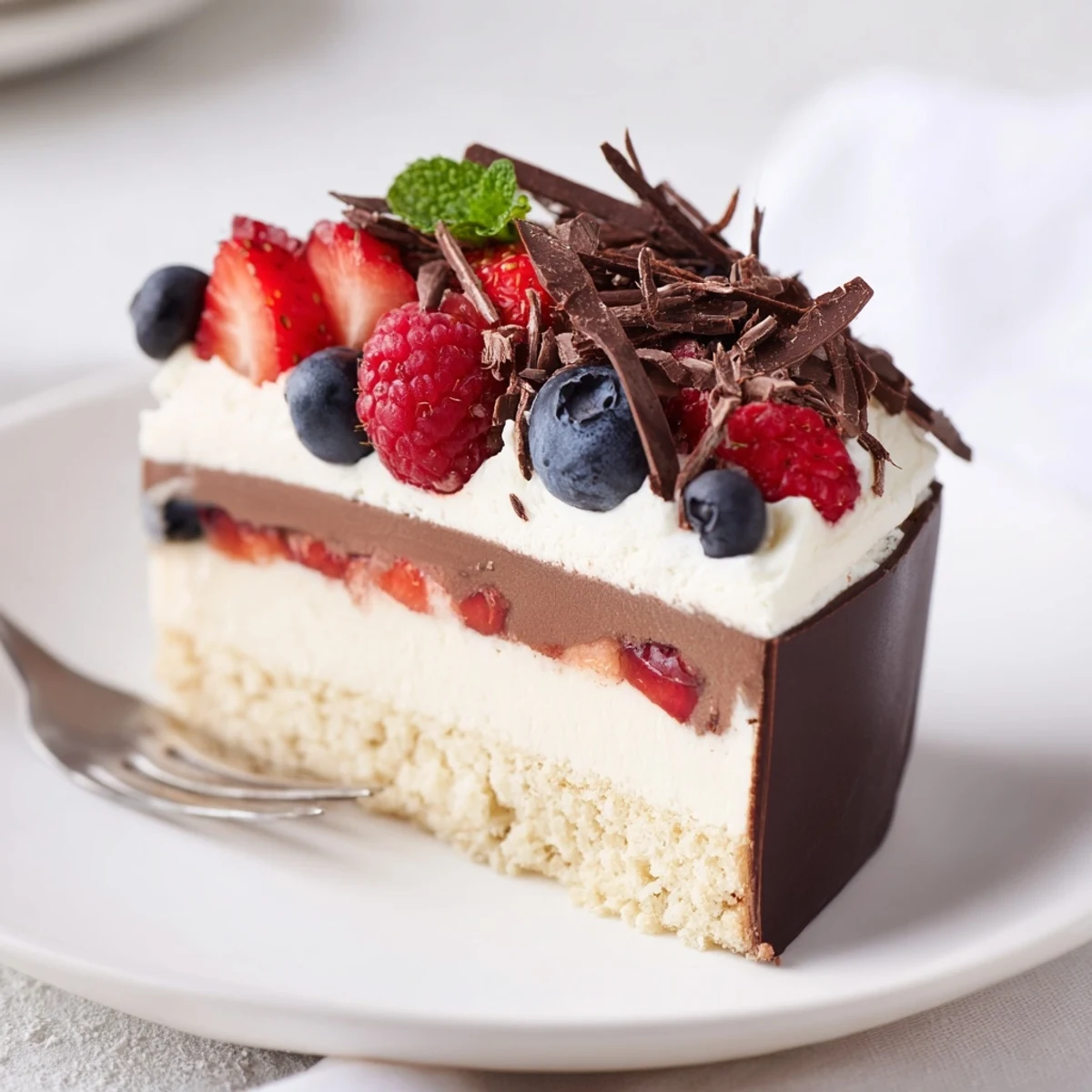 A sliced serving of The Ultimate Dessert Recipe revealing vanilla cream layers