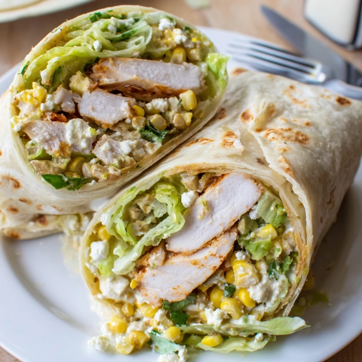 Quick Mexican Street Corn Chicken Wraps with charred corn, creamy cotija, lime.