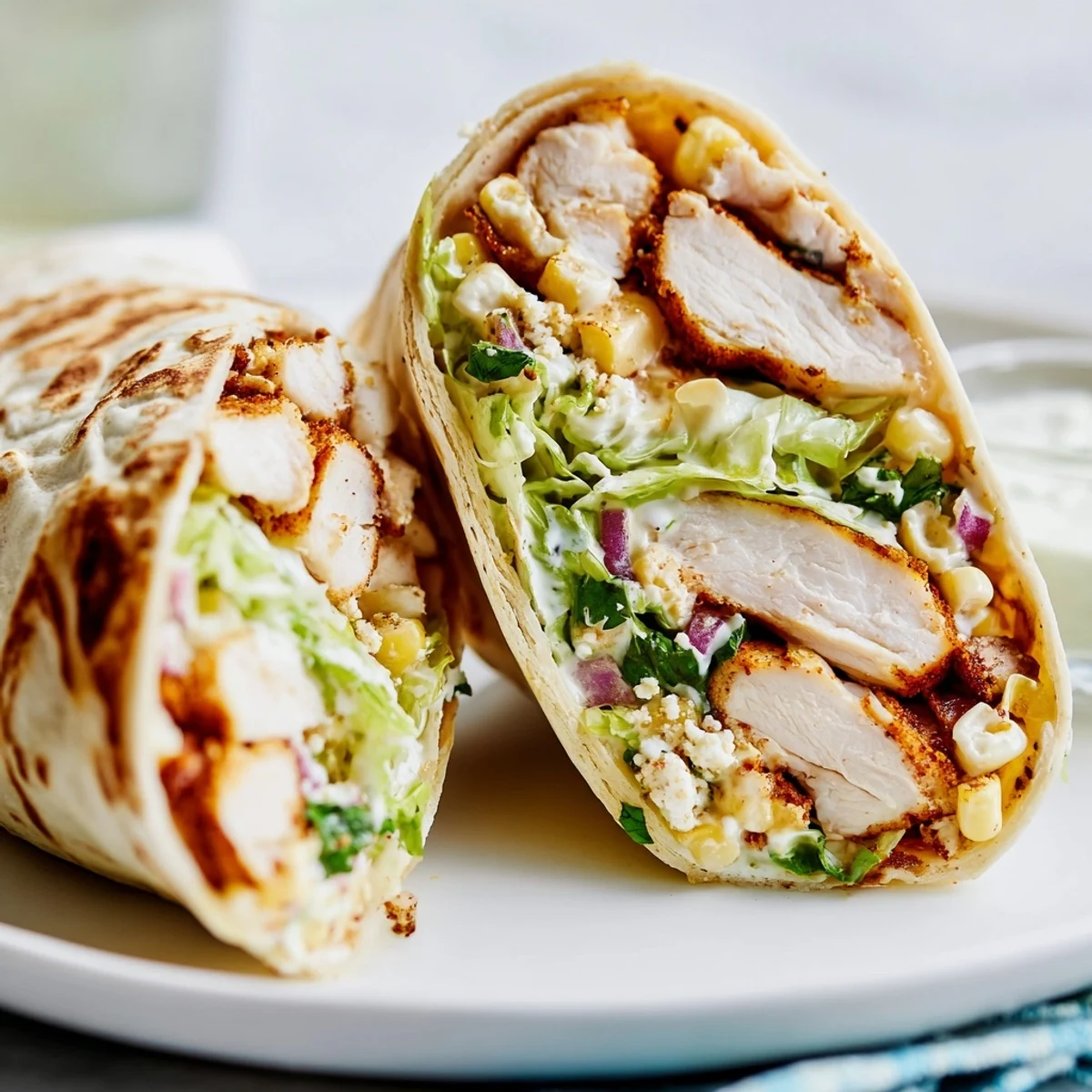Grilled Quick Mexican Street Corn Chicken Wraps sliced, crunchy lettuce, tangy lime wedges.