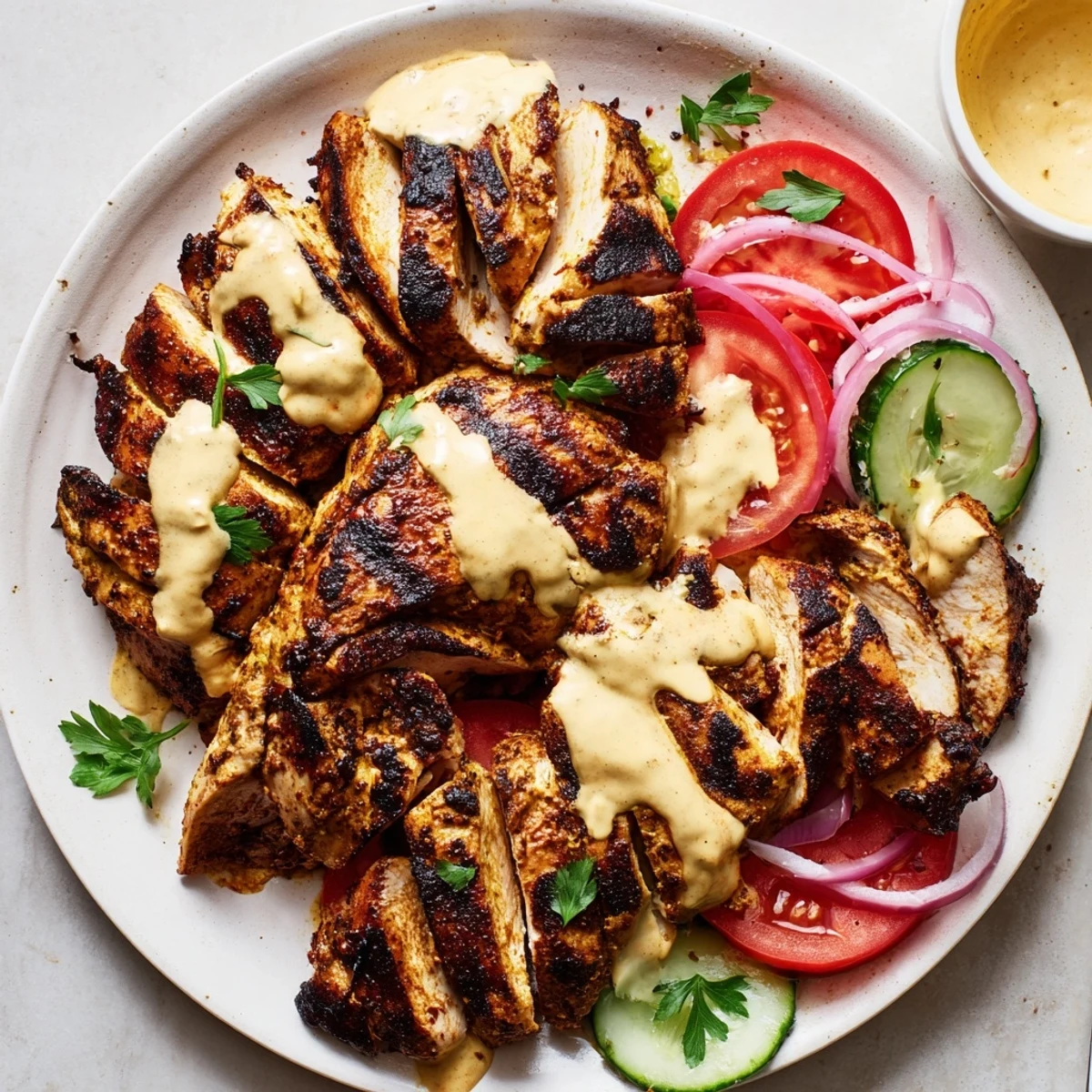 Shawarma Chicken With Garlic Sauce drizzled with creamy toum, tomatoes and parsley