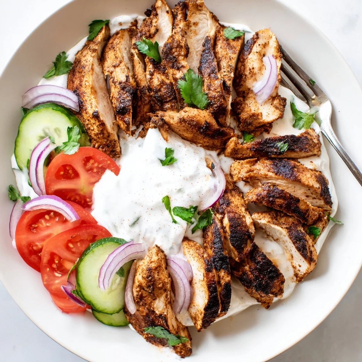 Steaming slices of Shawarma Chicken With Garlic Sauce over fragrant lemon rice