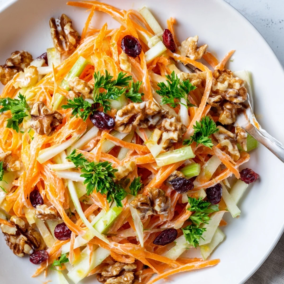 Bright Crunchy Apple Carrot Salad With Creamy Citrus Dressing, nuts and raisins