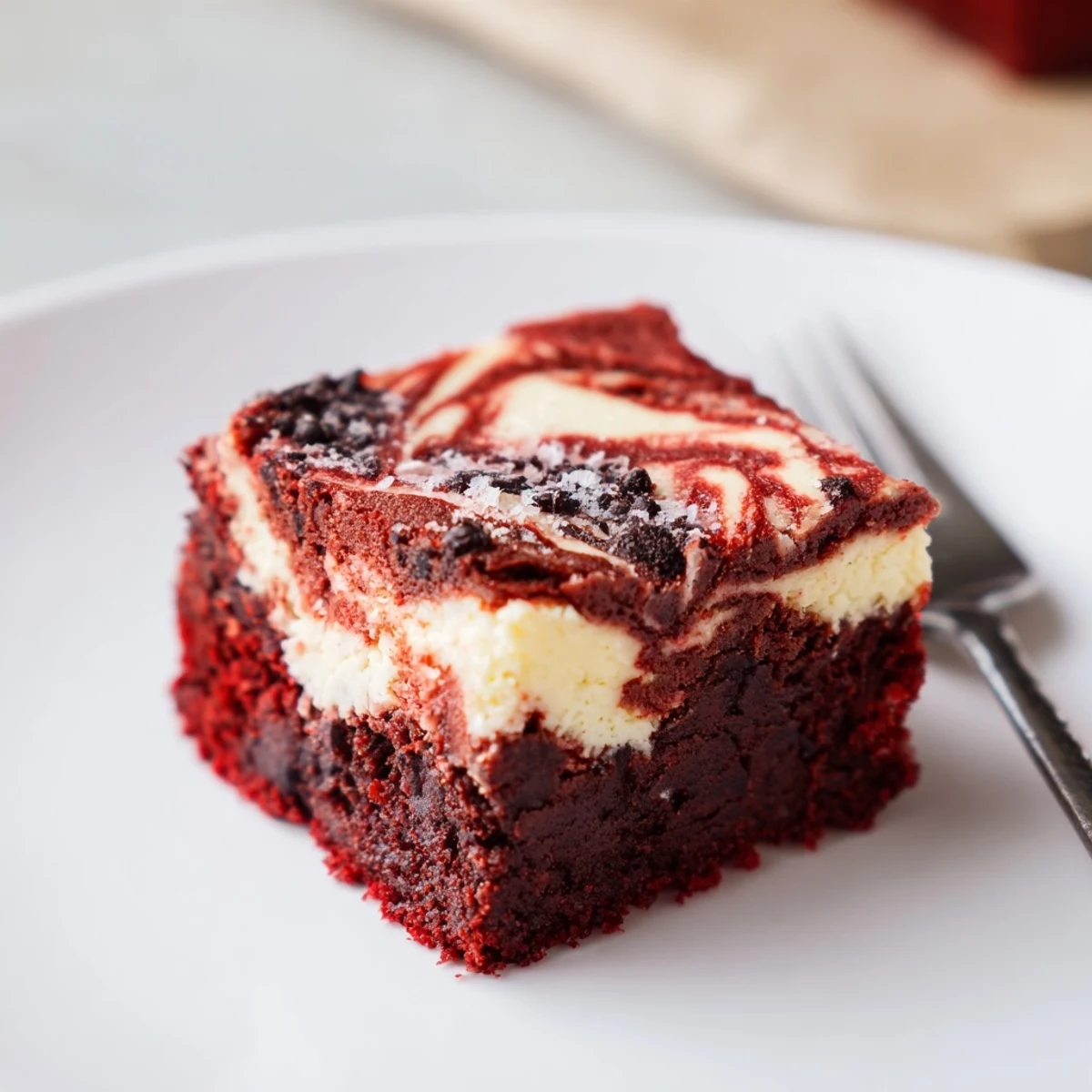 Fork-ready Red Velvet Brownies With Cheesecake Layer, marbled top and chilled slices