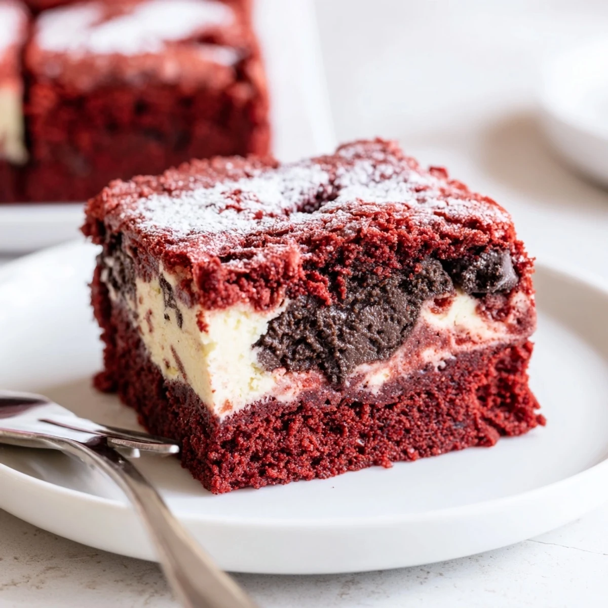 Rich Red Velvet Brownies With Cheesecake Layer on plate, berries and powdered sugar