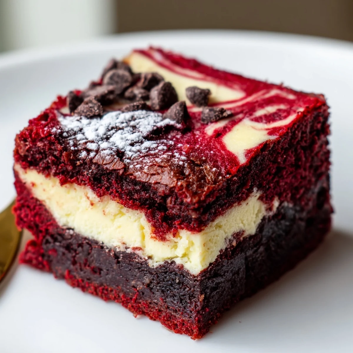 Close-up of gooey Red Velvet Brownies With Cheesecake Layer, creamy swirl and crumbs