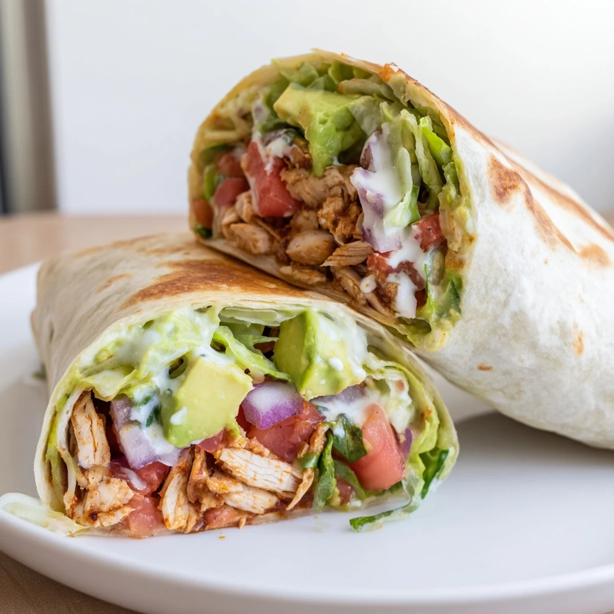 Warm Chicken Avocado Ranch Burritos on skillet, melty cheese and crisp lettuce.