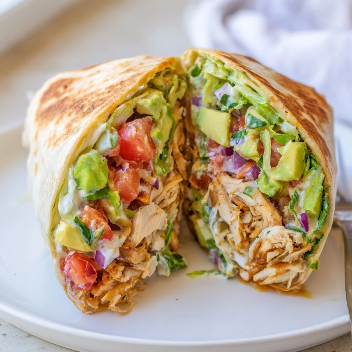 Toasted Chicken Avocado Ranch Burritos sliced to show creamy green filling, tender meat.