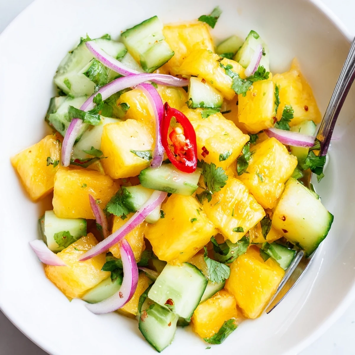 Chilled Pineapple Cucumber Salad dressed in lime vinaigrette, spicy chili flakes optional.