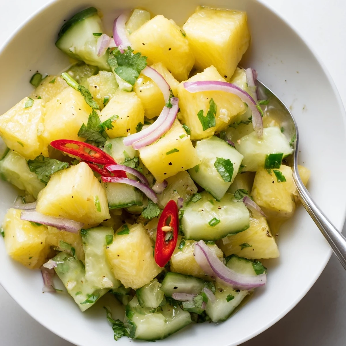 Pineapple Cucumber Salad with juicy golden chunks, crisp cucumber, and cilantro.