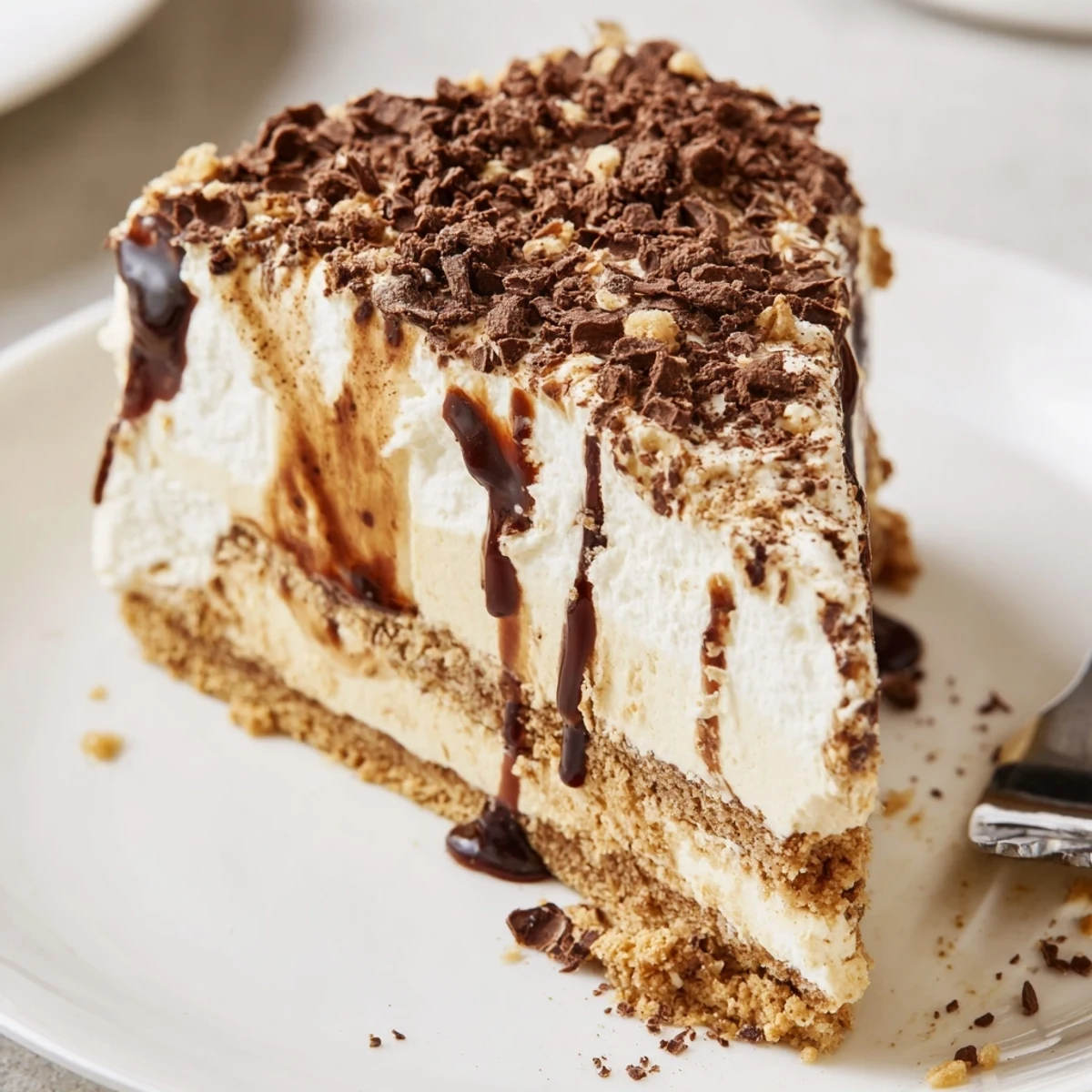 Decadent Creamy Coffee Infused Tiramisu Cheesecake with whipped cream, cocoa dusting  