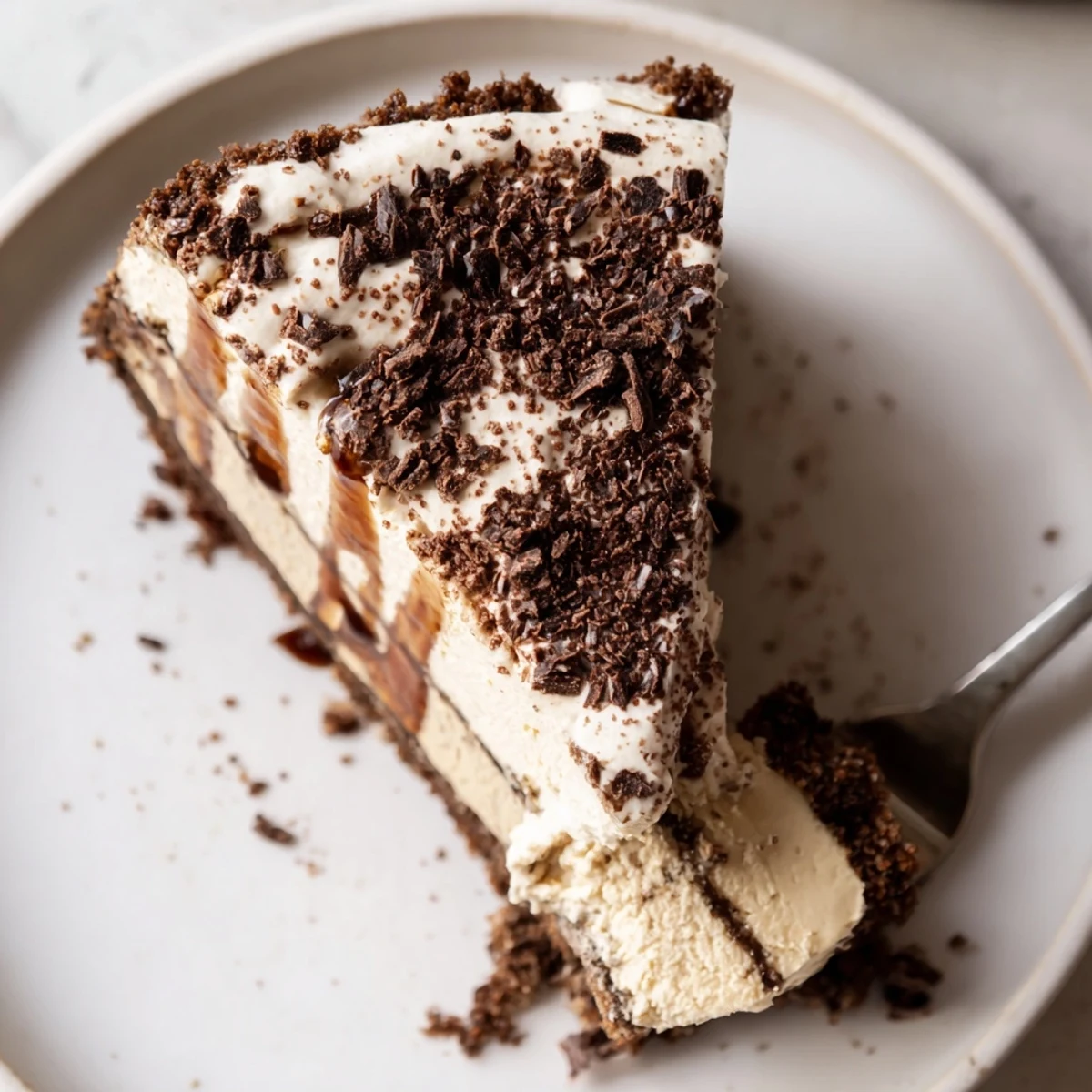 A chilled slice of Decadent Creamy Coffee Infused Tiramisu Cheesecake, chocolate shavings  