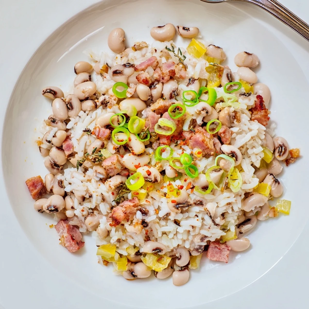 Hearty Smoky Southern Hoppin John steaming in a bowl, garnished with green onions