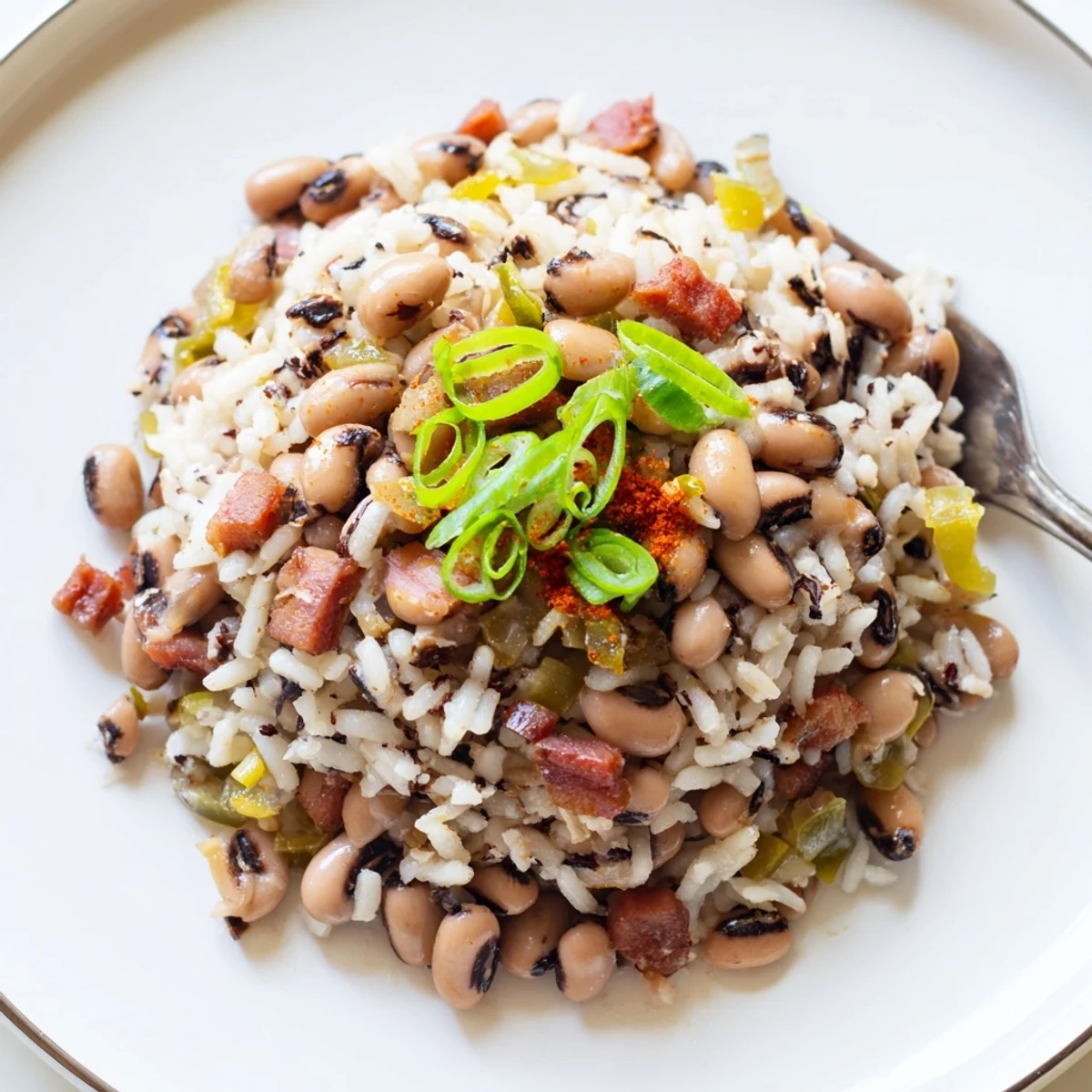 Savory aroma rises from Hearty Smoky Southern Hoppin John topped with hot sauce