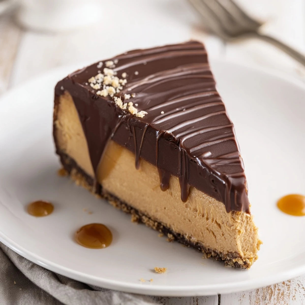 Luxurious Millionaire Cheesecake with glossy chocolate ganache and salted caramel drizzle