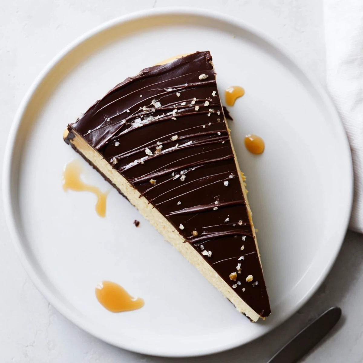 A slice of Luxurious Millionaire Cheesecake reveals buttery base, creamy filling, caramel layer