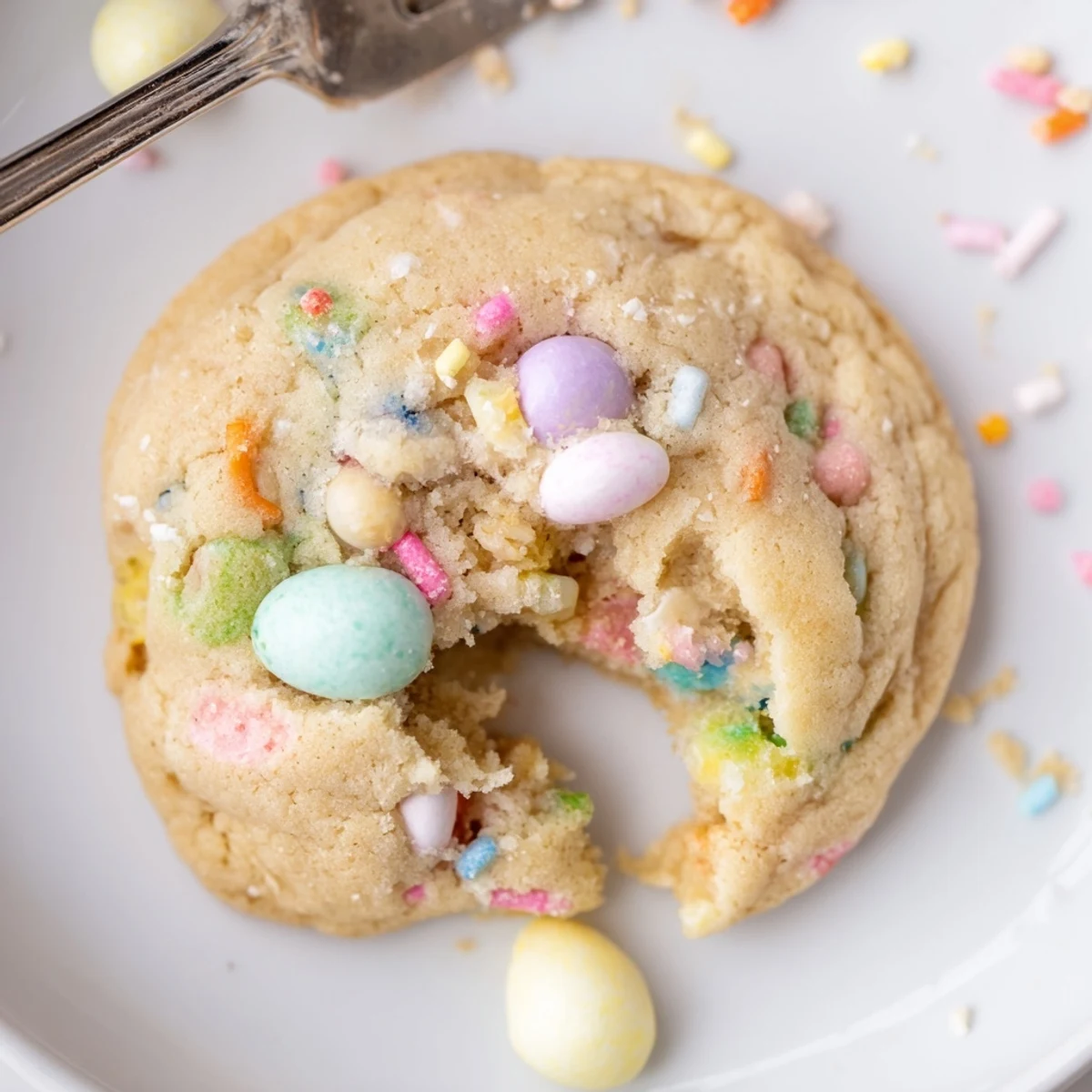 Plate of warm cookies with pastel candies, Easter Funfetti Cookies