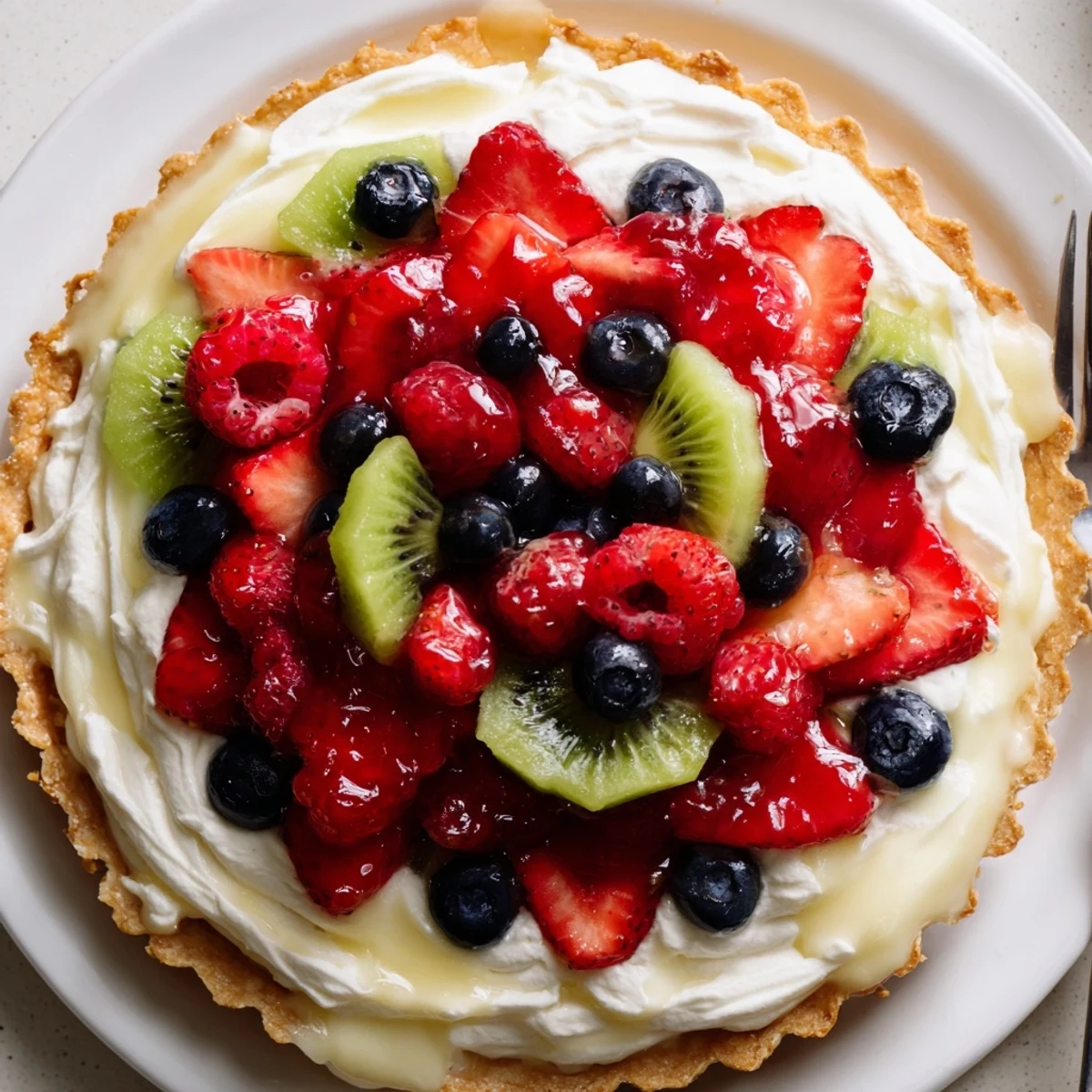 Slice of Fruit Tart With Mascarpone showing creamy filling, crisp buttery crust.