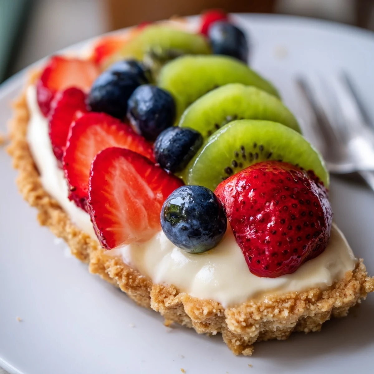 Fruit Tart With Mascarpone on a chilled plate, glossy berry glaze, fragrant.