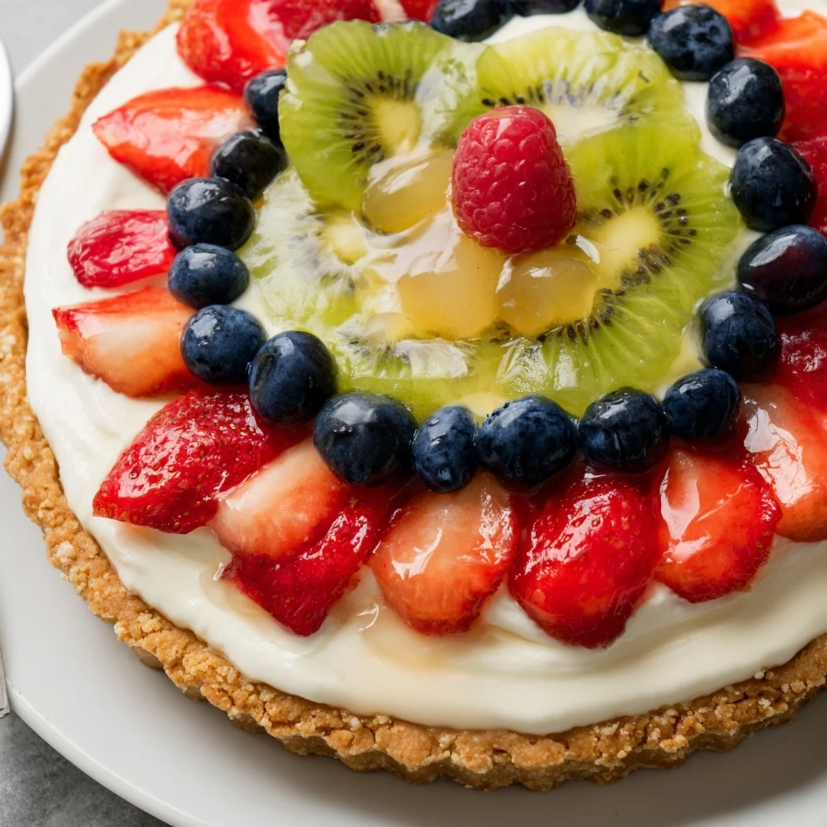 Colorful Fruit Tart With Mascarpone topped with glazed berries, served with Moscato.