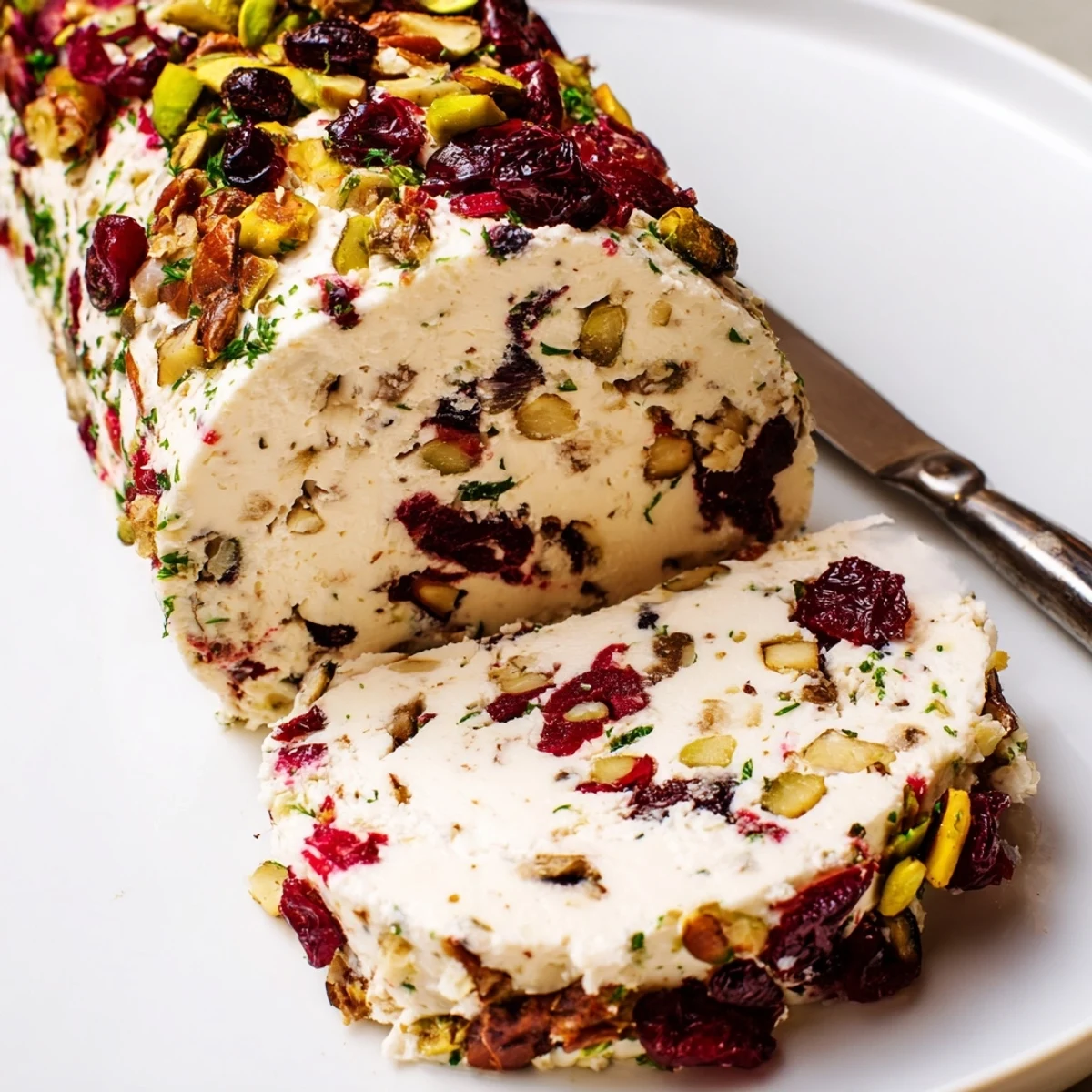 Cranberry Pistachio Cheese Log chilled, creamy, studded with tart cranberries and pistachios.