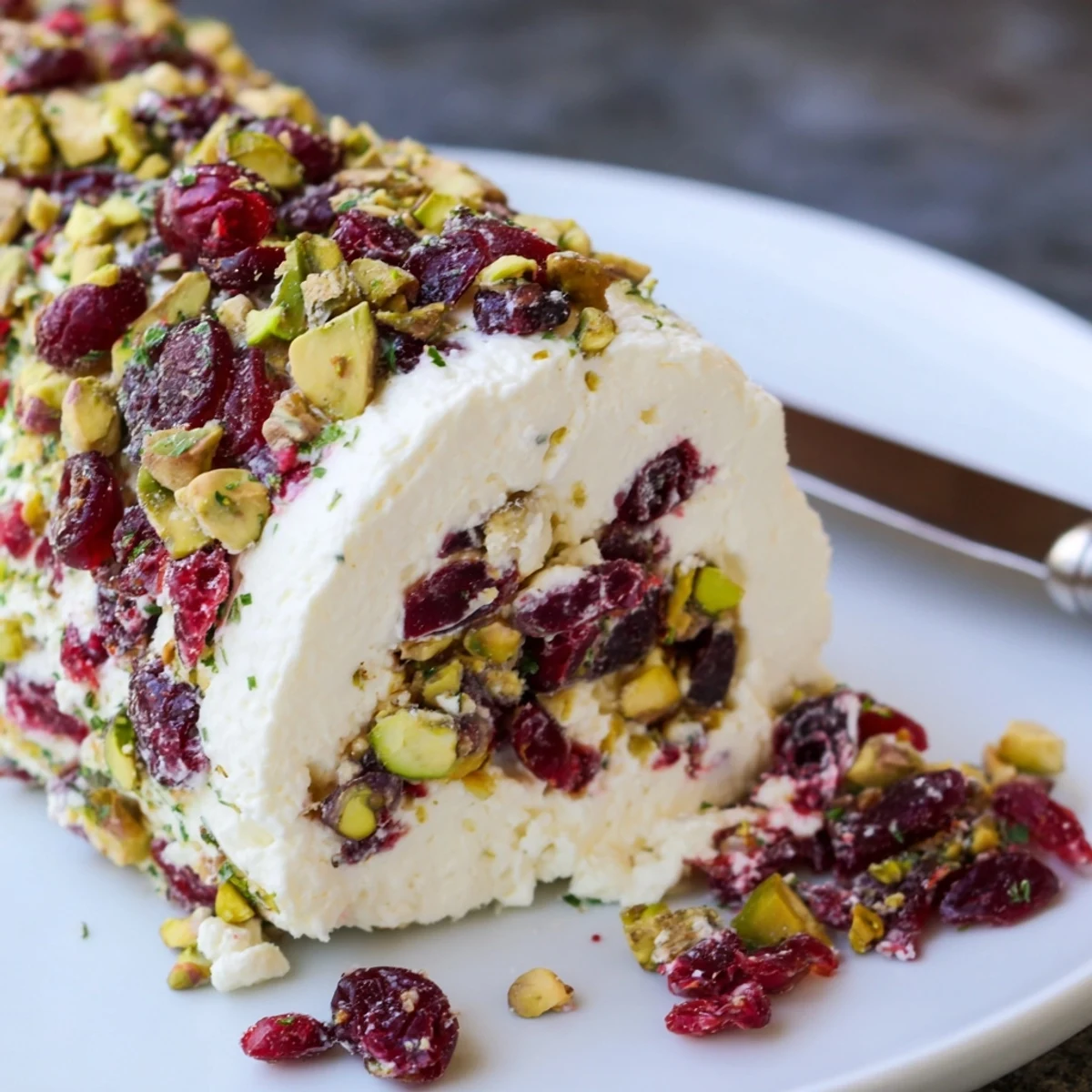 Party-ready log: Cranberry Pistachio Cheese Log rolled in crunchy coating, served with crackers.
