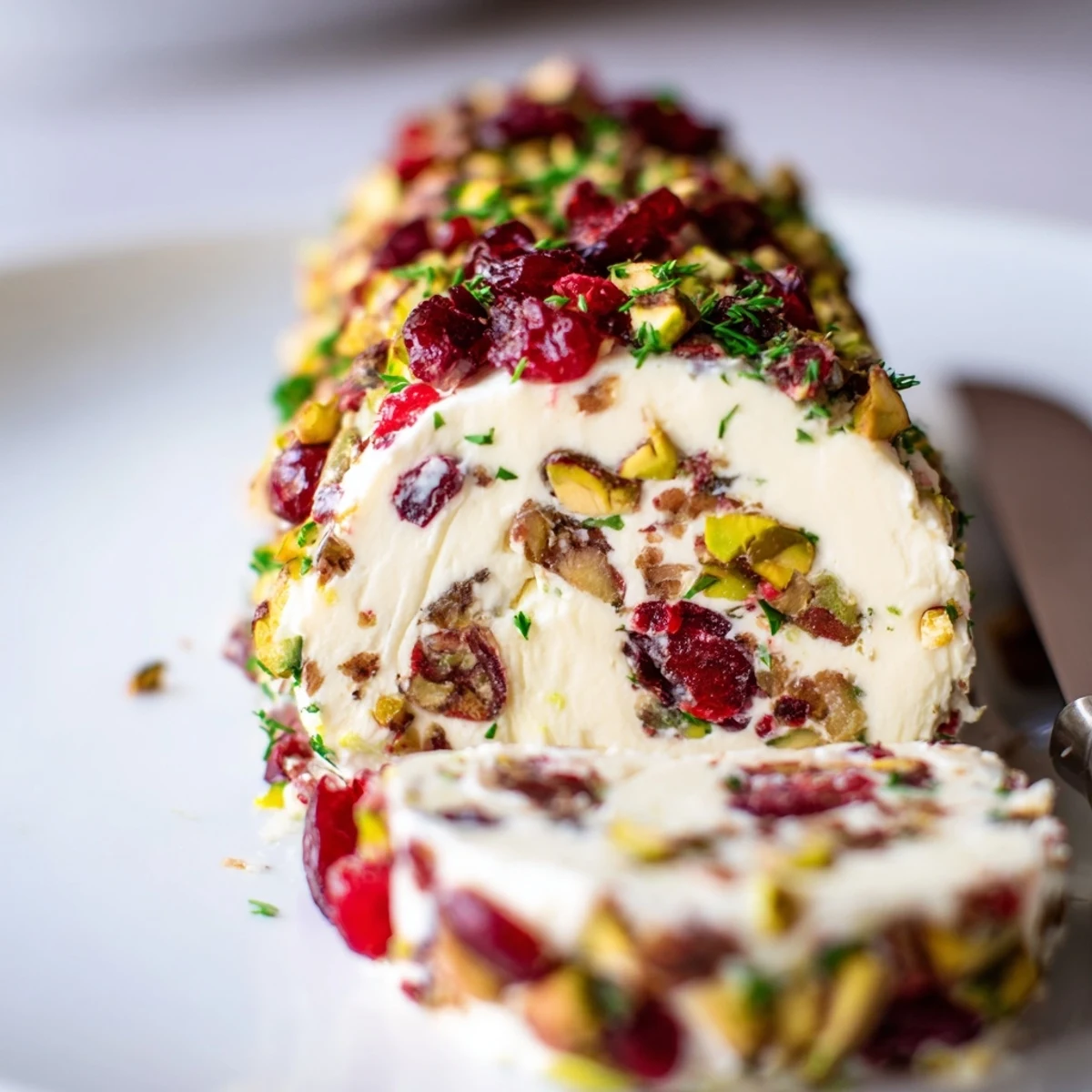Sliced and ready: chilled Cranberry Pistachio Cheese Log on wooden board, garnished.