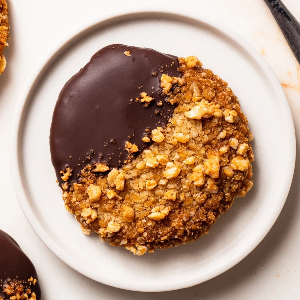 Warm Chocolate Dipped Toffee Cookies cooling on a wire rack with glossy chocolate.