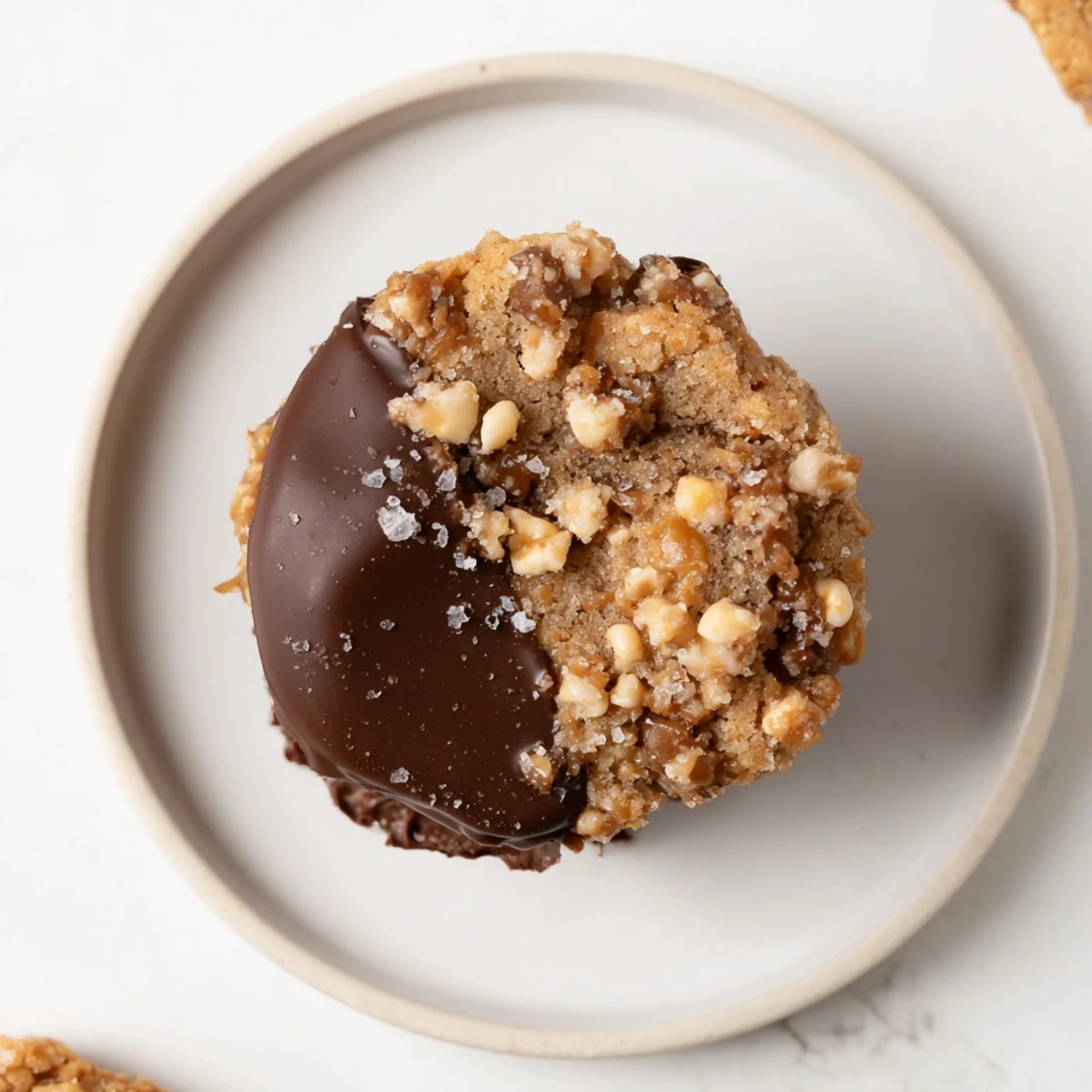 Buttery Chocolate Dipped Toffee Cookies studded with toffee, crunchy edges, served with milk.