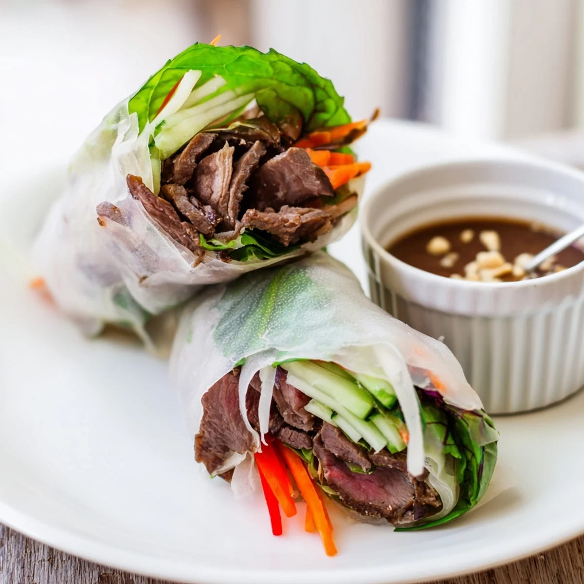 Thai Basil Beef Rolls glistening with hoisin dipping sauce, sliced and ready