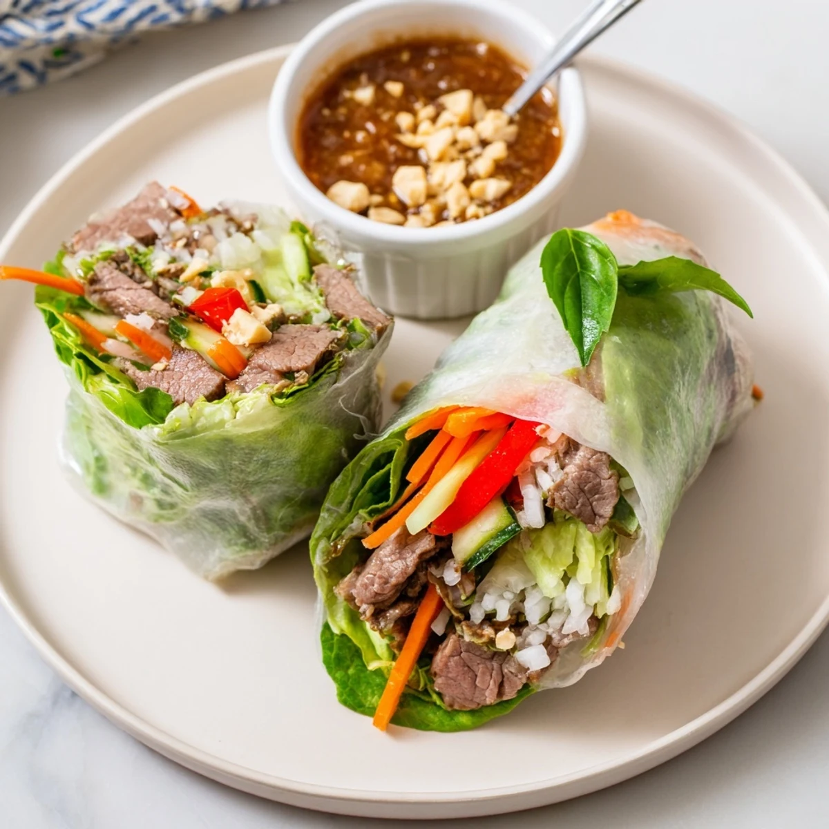 Fresh Thai Basil Beef Rolls wrapped in rice paper, crunchy vegetables peeking
