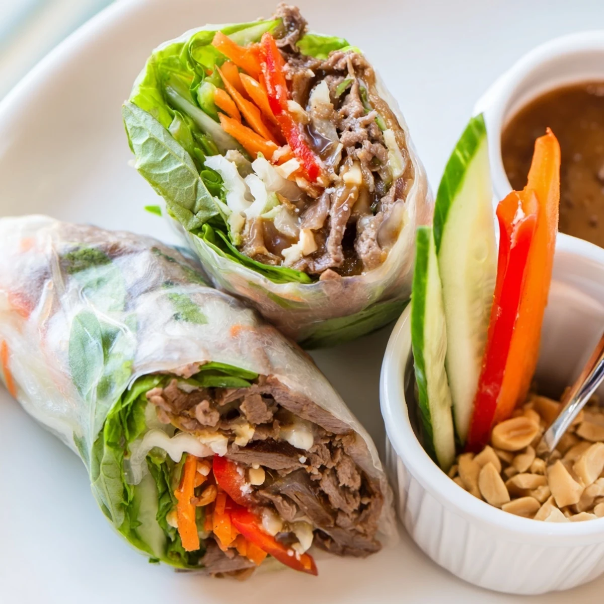 Stacked Thai Basil Beef Rolls on platter, fragrant basil and lime-dressed sauce
