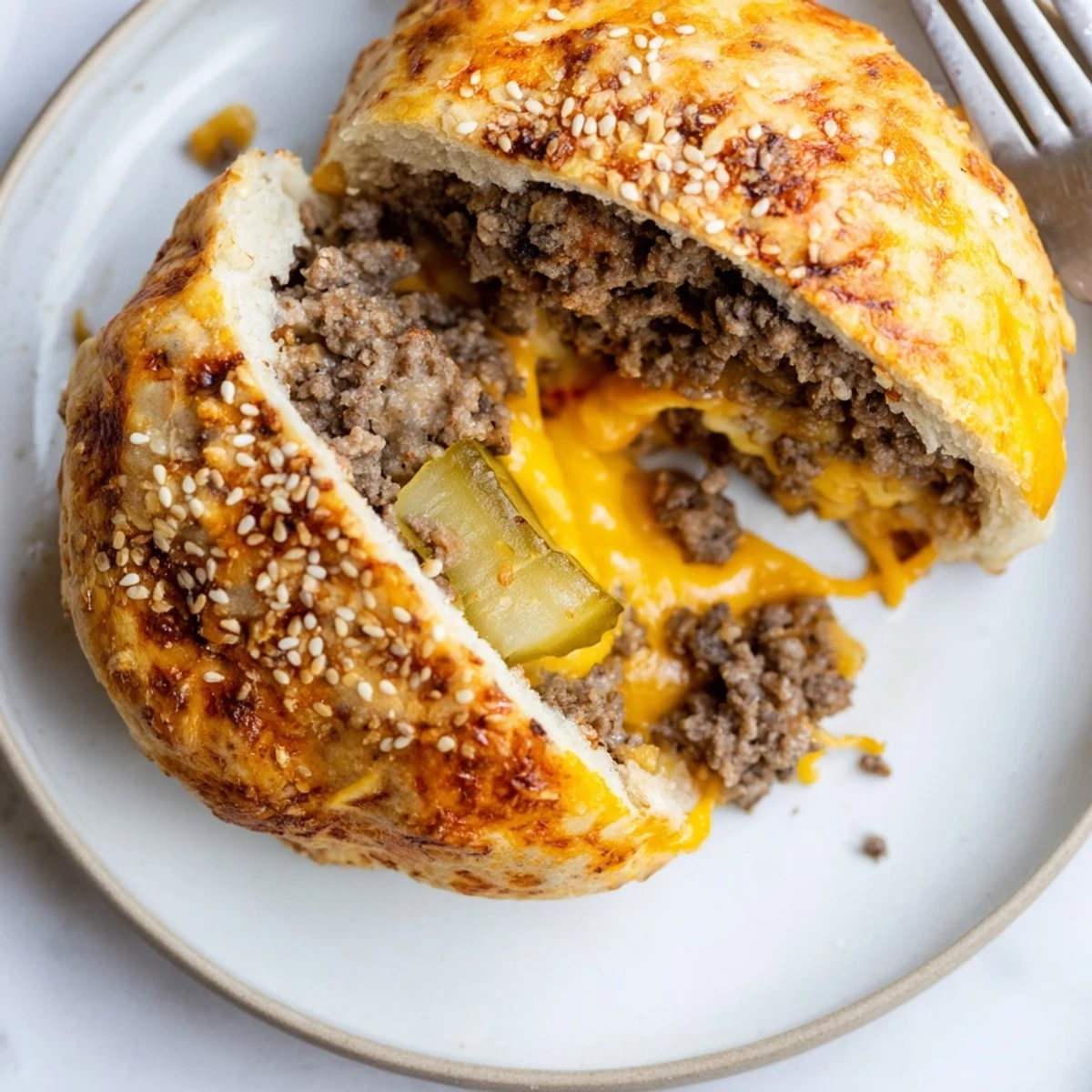 Golden baked Cheesy Cheeseburger Bombs Explosion Recipe, oozing melted cheddar.