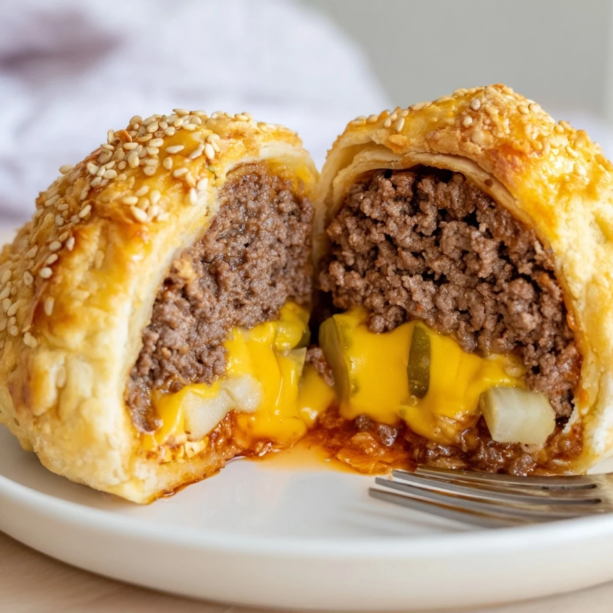 Cheesy Cheeseburger Bombs Explosion Recipe on parchment, sesame seeds, ready for dipping.
