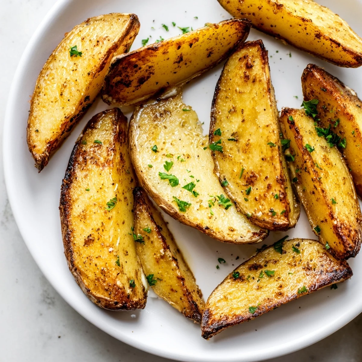Crispy oven-baked Potato Wedges with golden edges and fluffy centers, garnished with parsley