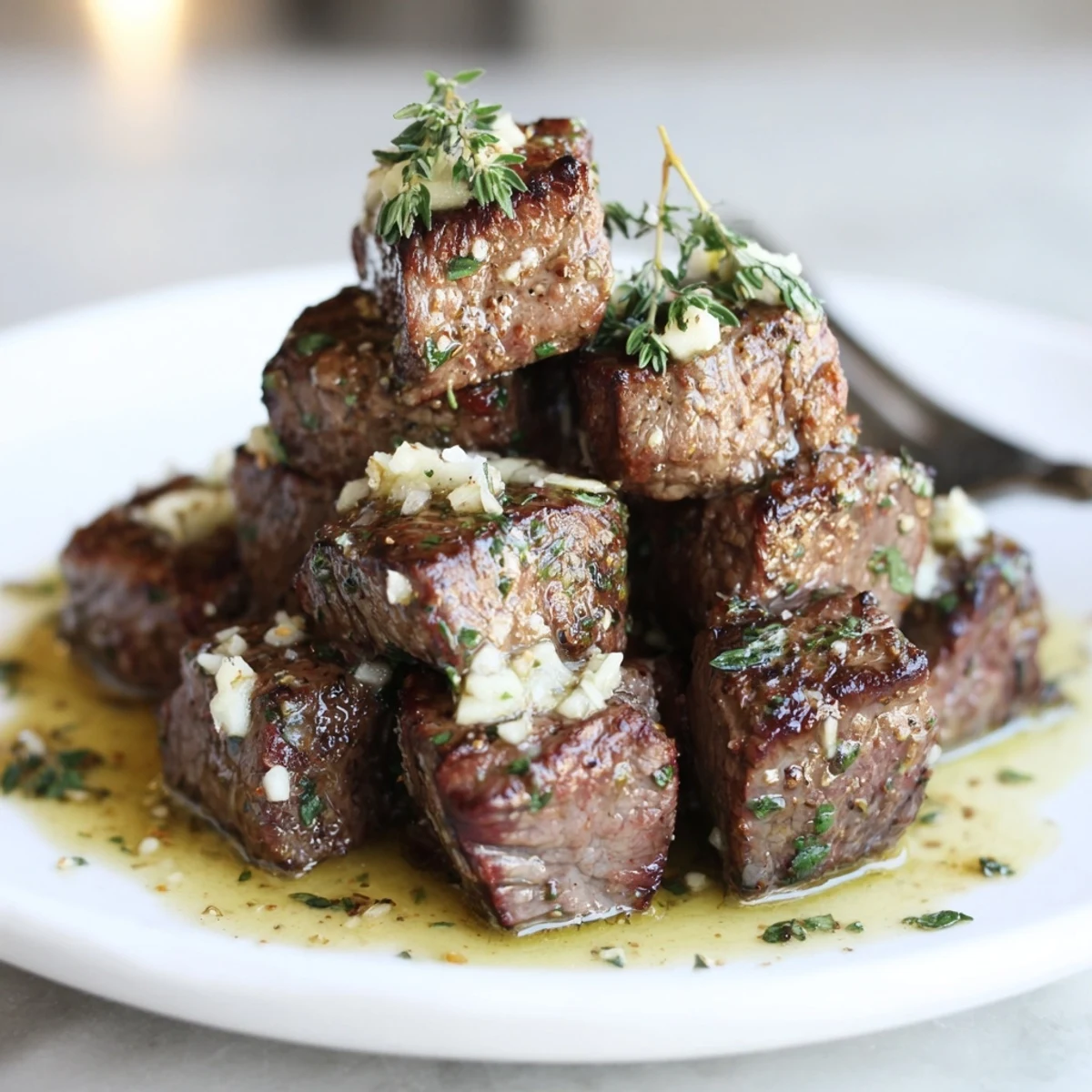 Garlic Butter Steak Bites glistening in herb butter, seared edges and steam.