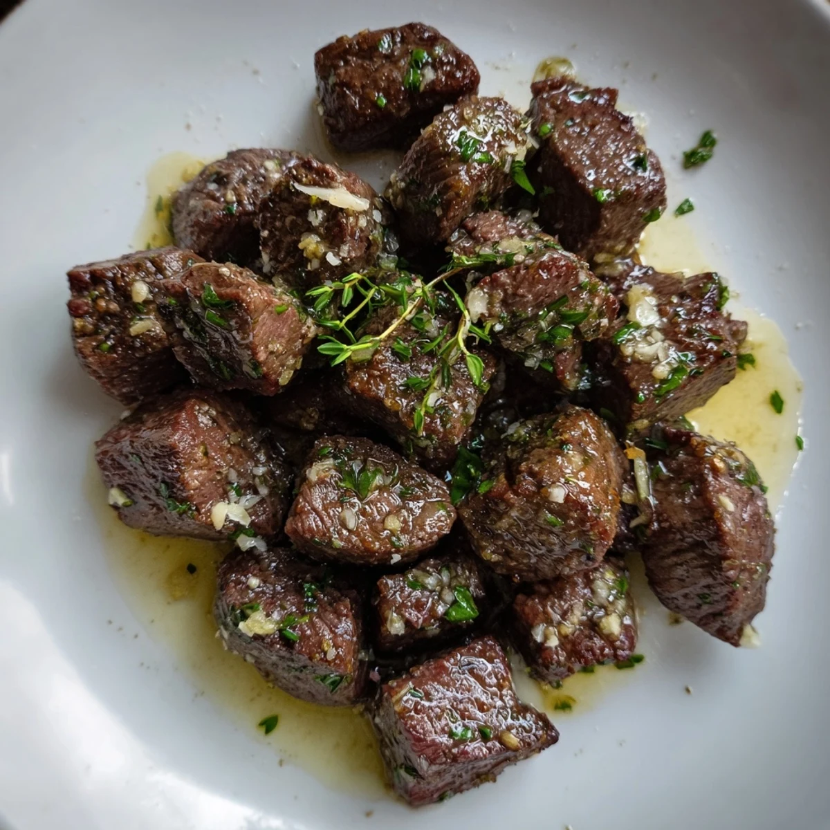 Pan seared Garlic Butter Steak Bites piled on plate, parsley and flaky salt.