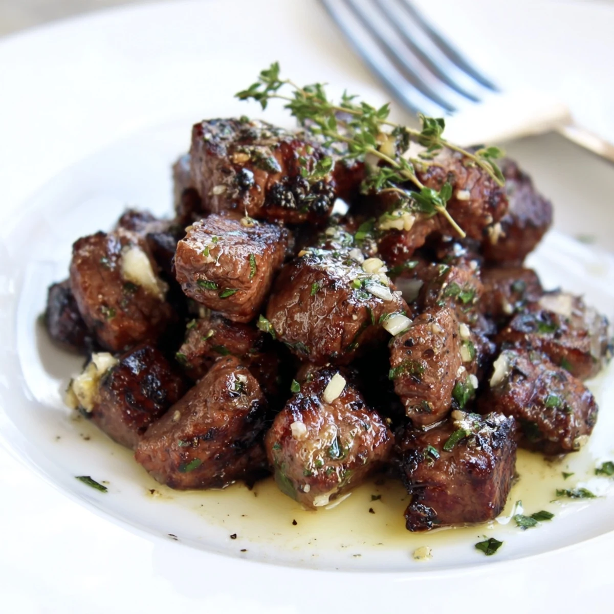 Quick Garlic Butter Steak Bites over mashed potatoes, juicy centers and aroma.