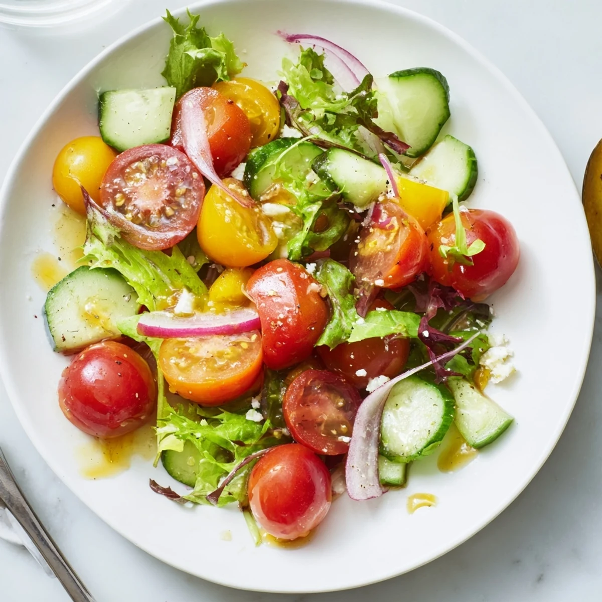 Fresh Salad Recipe with crisp mixed greens, juicy tomatoes, bright lemon dressing.