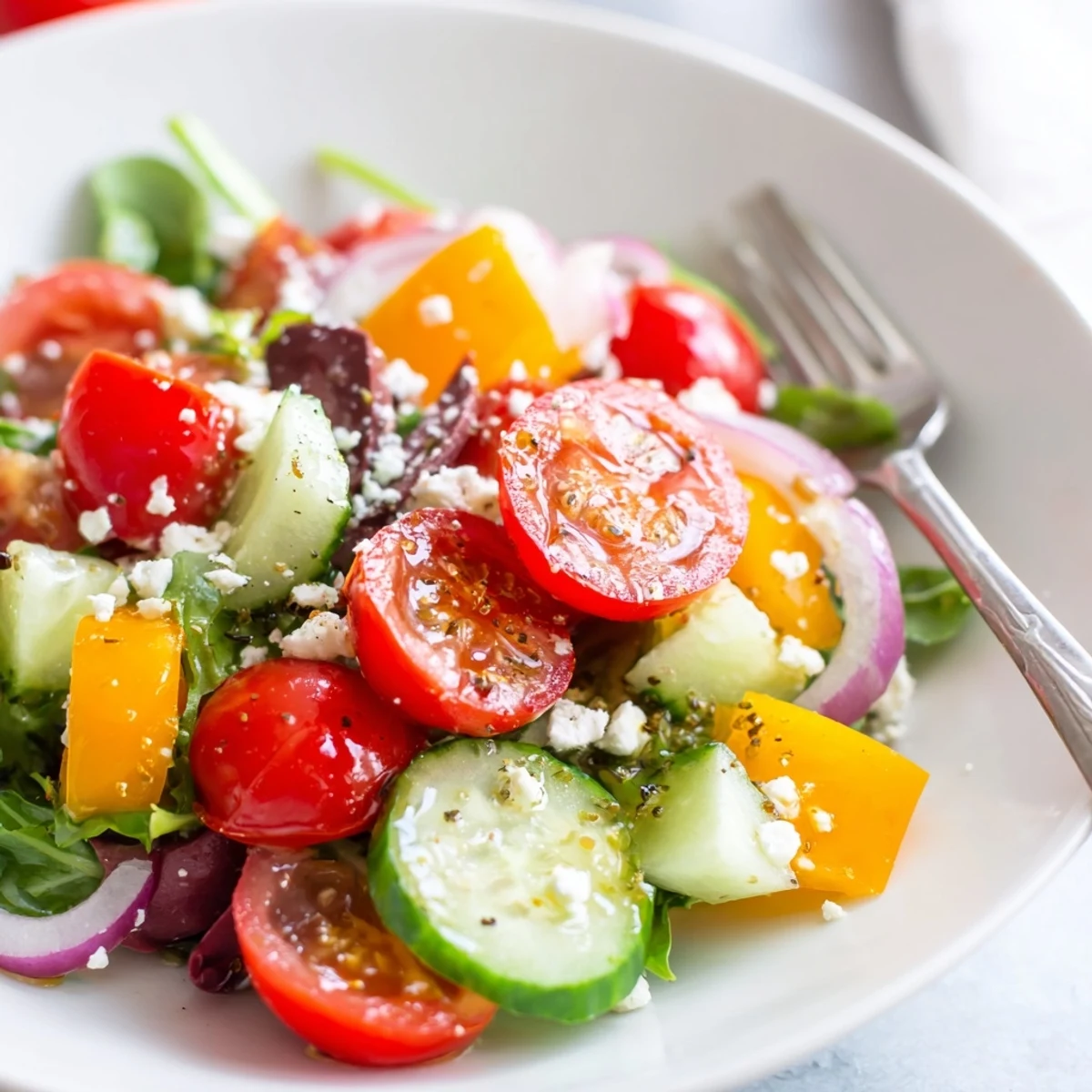 Heaping bowl showcasing Fresh Salad Recipe tossed with feta and olives.