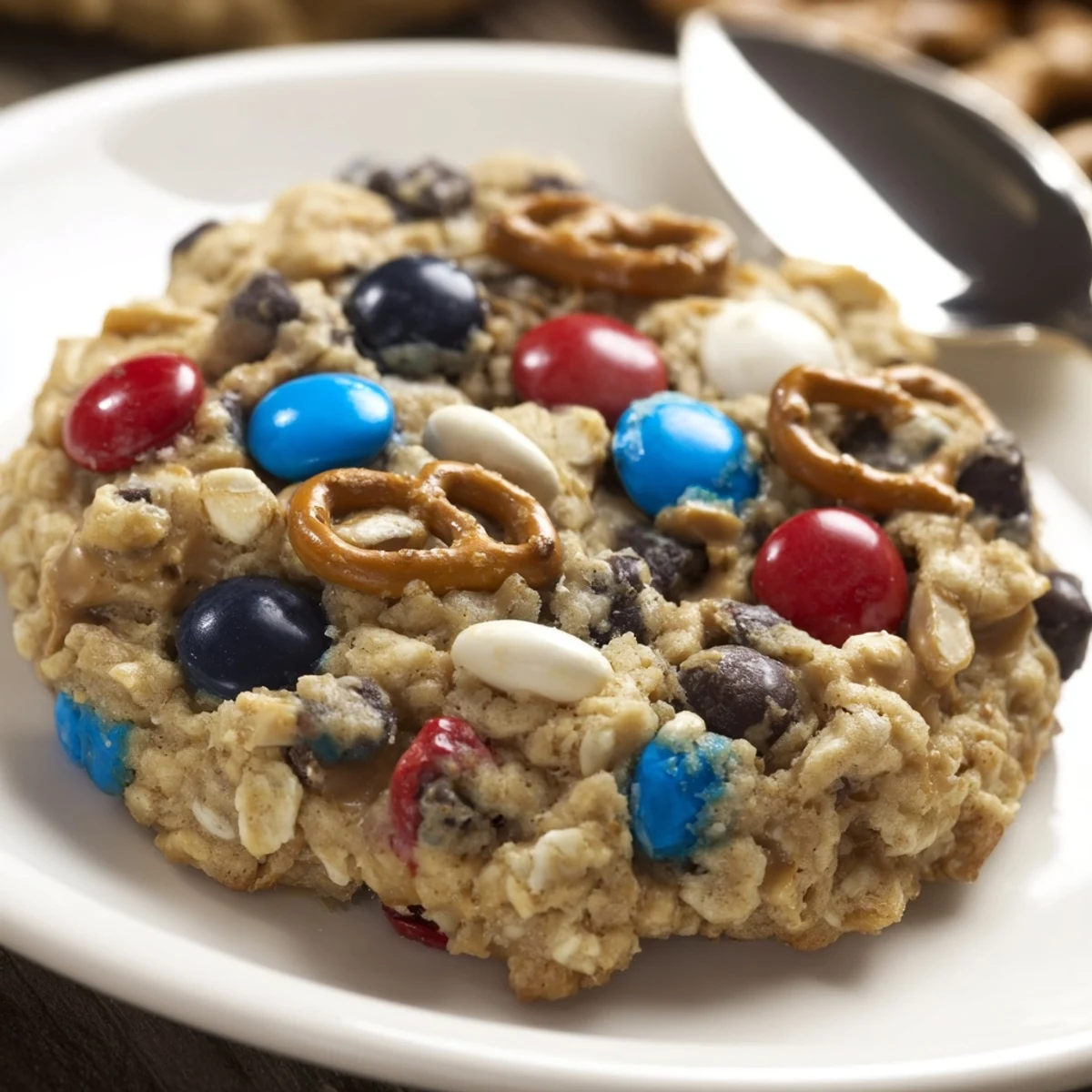 Warm Patriotic Monster Cookies Recipe piled on a cooling rack, colorful candies.