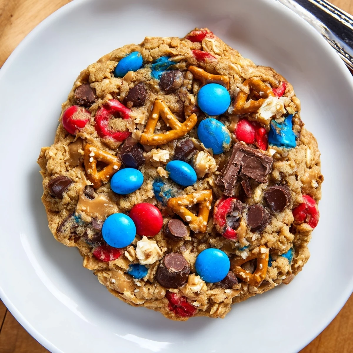 Chewy Patriotic Monster Cookies Recipe studded with red, white, blue candies, ready to serve.