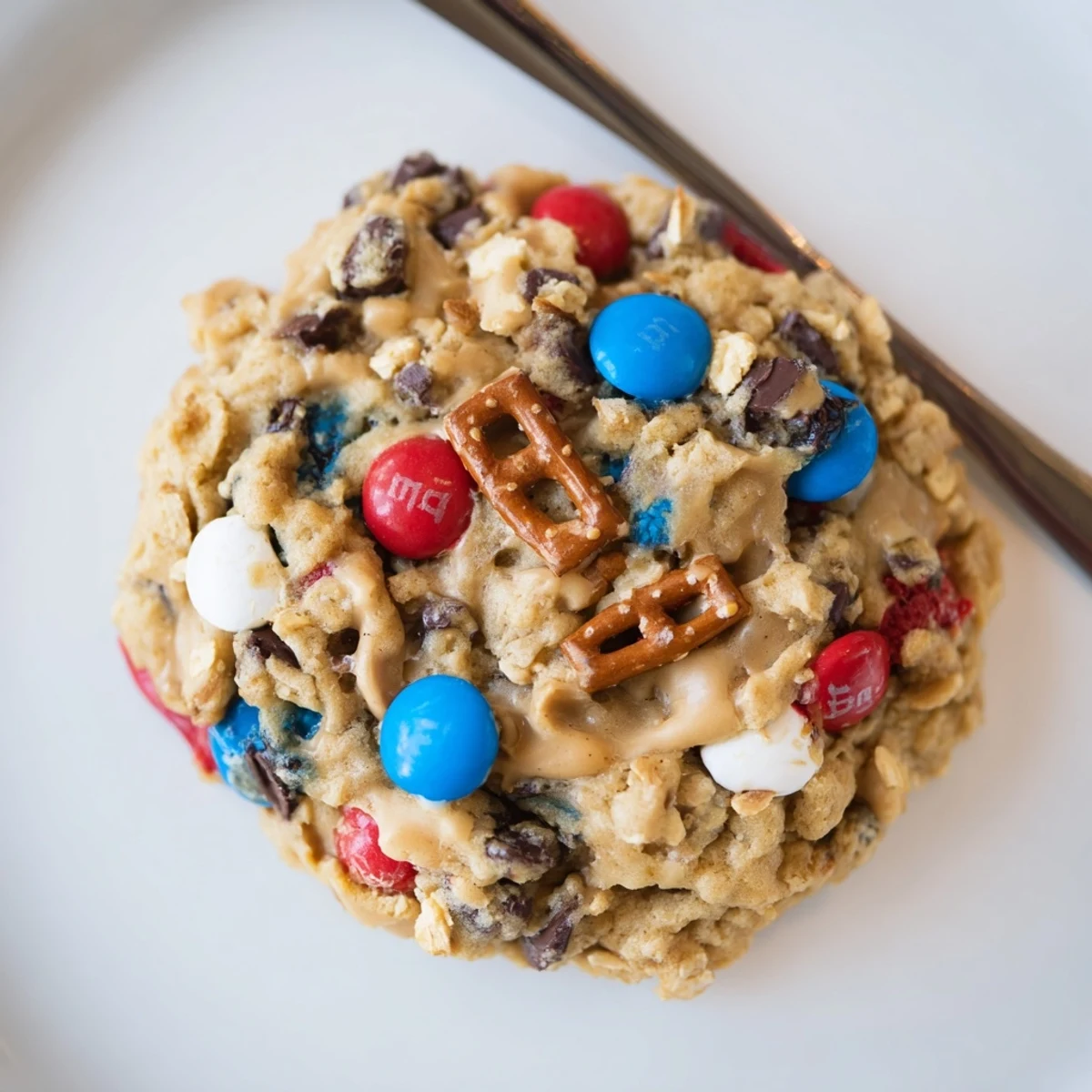 Patriotic Monster Cookies Recipe showing golden edges, peanut butter aroma, picnic ready plate.