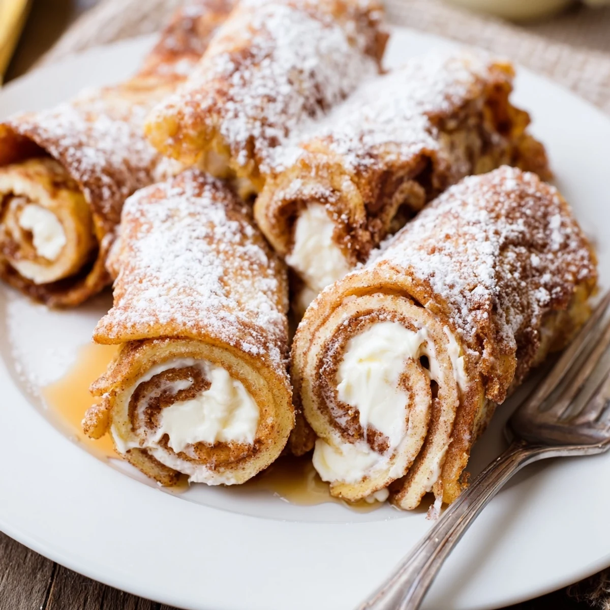 Cinnamon Roll French Toast Roll Ups glistening with cinnamon-sugar, warm and gooey