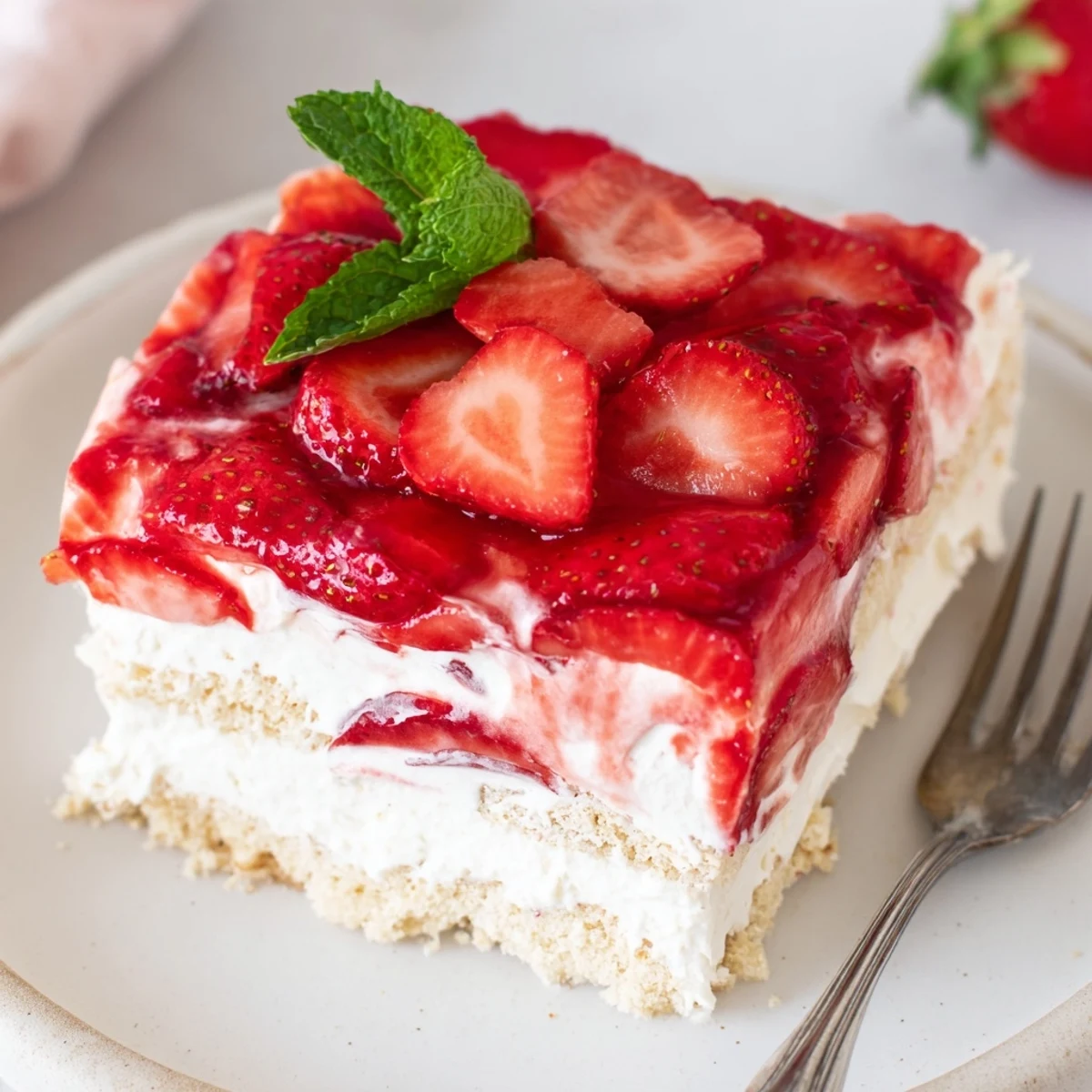 Creamy No Bake Strawberry Shortcake Dessert layered with juicy strawberries, chilled.