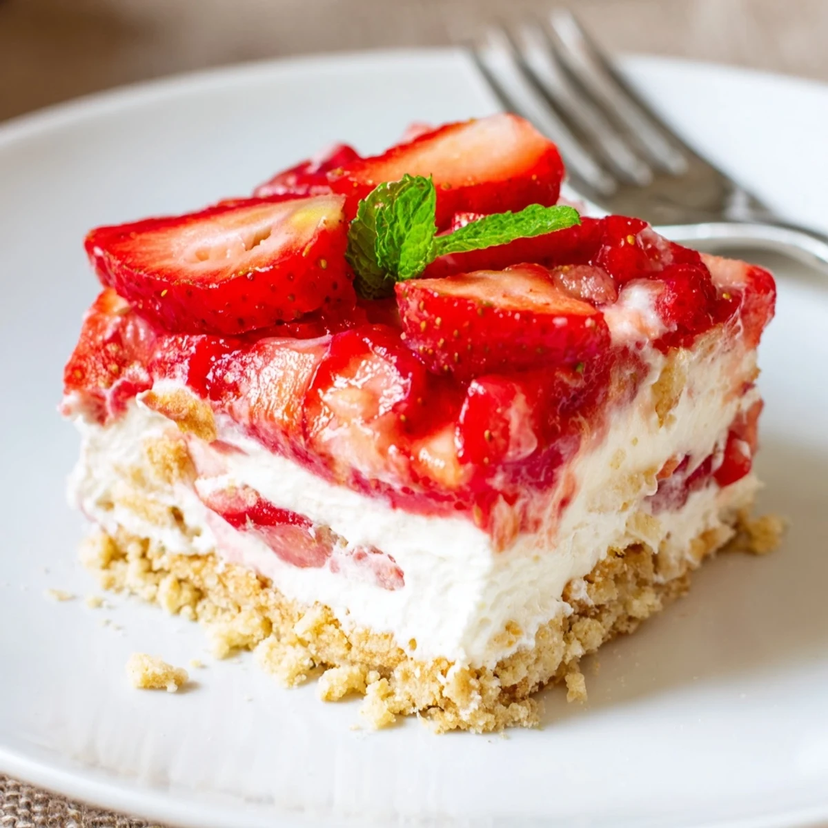 Slice of No Bake Strawberry Shortcake Dessert with graham cracker crust, mint.
