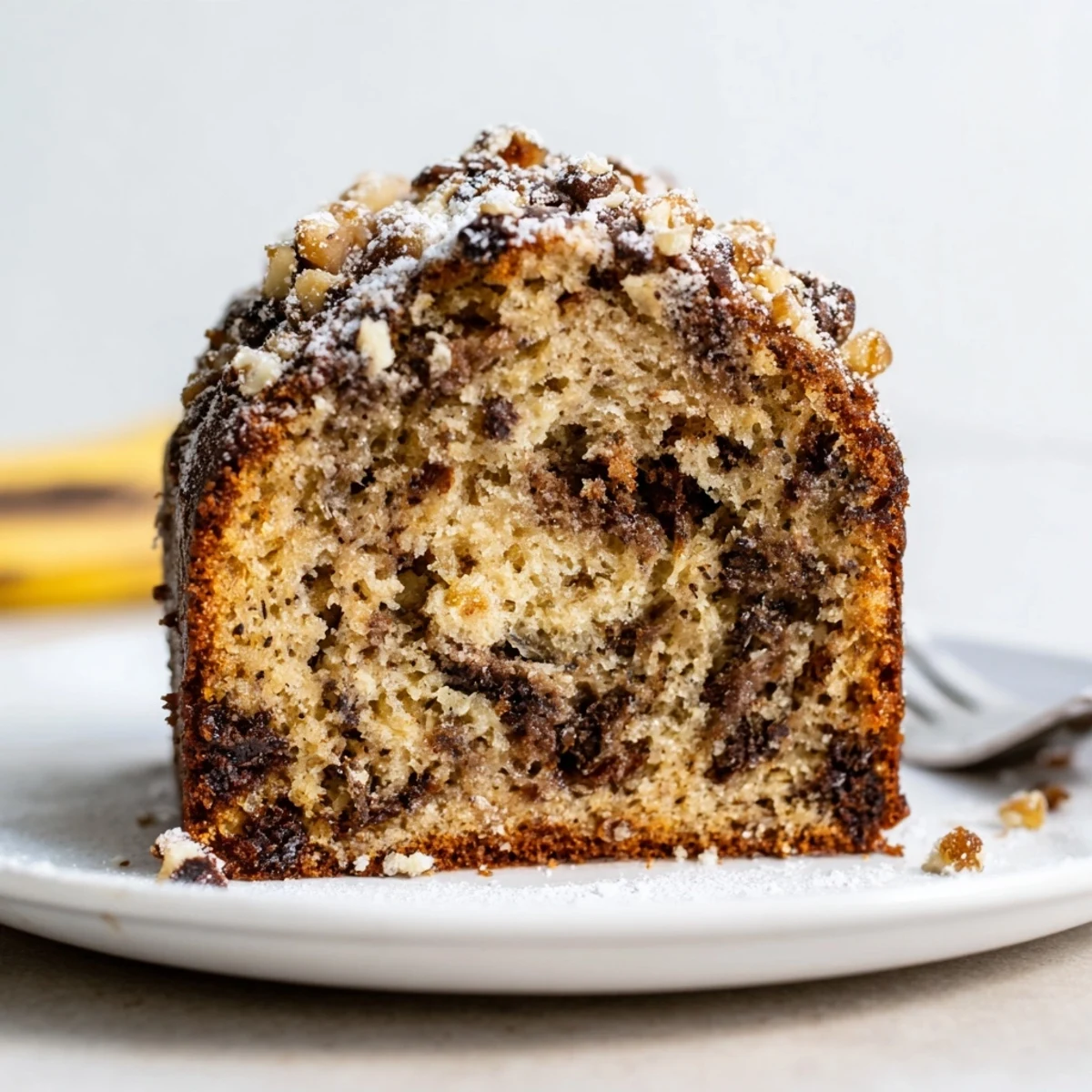 Homestyle Banana Bread Cake Recipe served with cream cheese frosting and vanilla ice cream