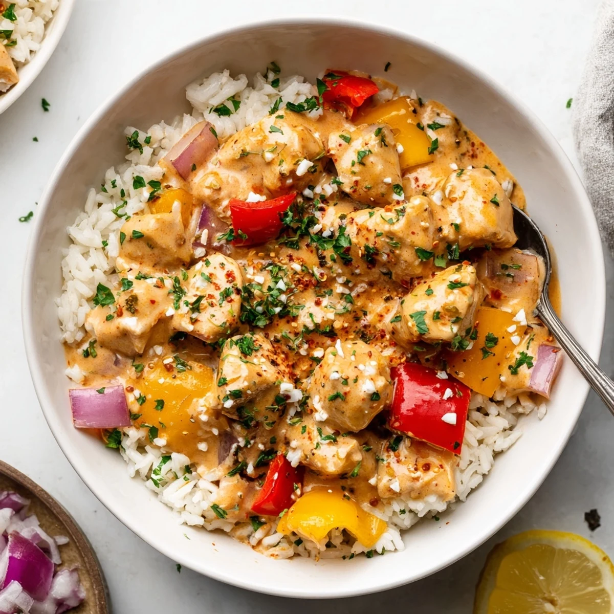 Creamy Cajun Chicken Rice Bowls with golden chicken, roasted peppers, and silky sauce