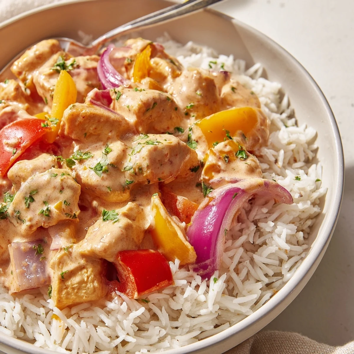 A close-up of Creamy Cajun Chicken Rice Bowls garnished with parsley, lemon